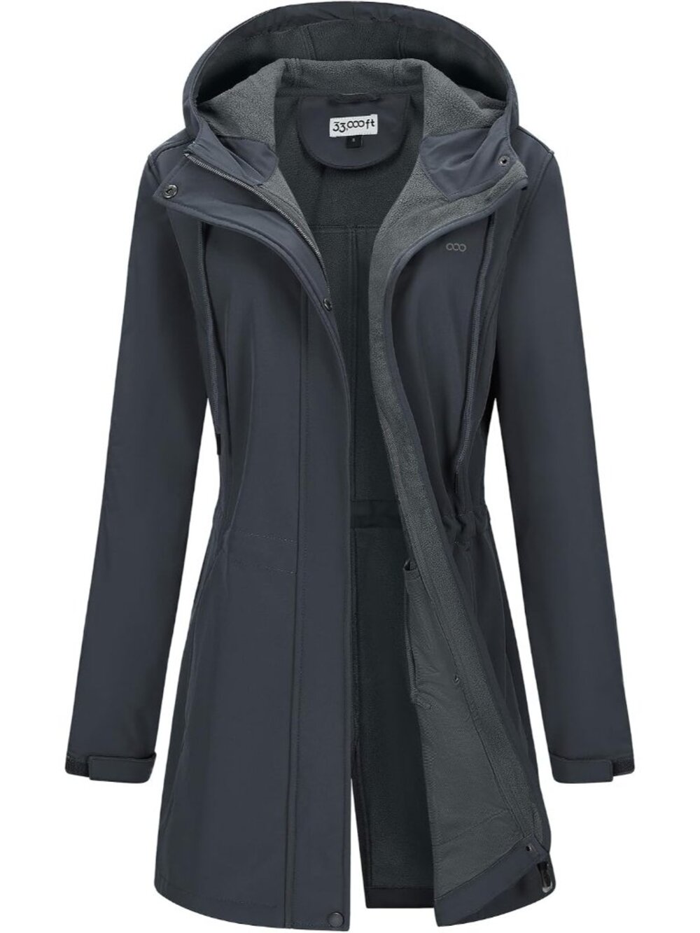 Women's Grey Fleece Lined Zip Up Waterproof Softshell Long Trench Parka Coat